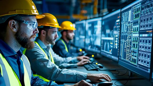 Engineers Working in Control Room with Computer Screens and Data