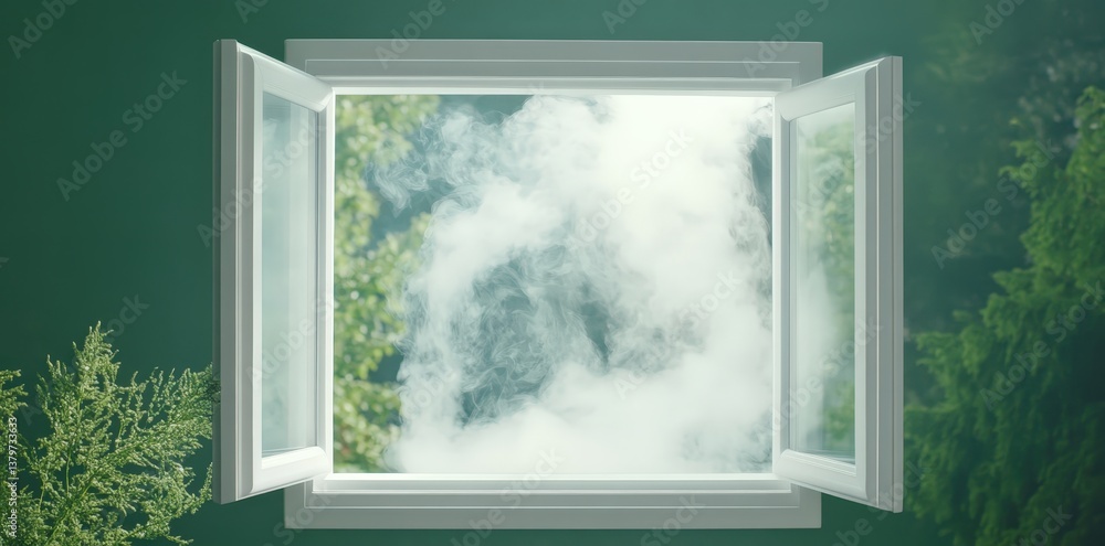 Poster a window opens to a cloudy view, blending nature and tranquility with soft smoke billowing against a