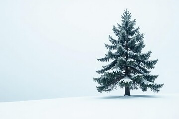 Single majestic tree on a snowy white background, nature, solitary, pine