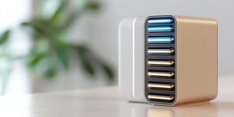 A sleek, modern charging station with multiple ports and LED indicators, set against a blurred background of greenery.
