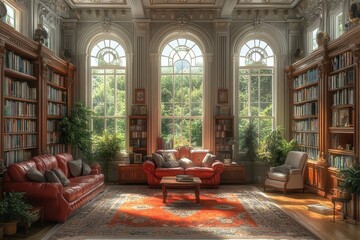 Cozy library filled with sunlight and greenery in an elegant space inviting relaxation and reading time