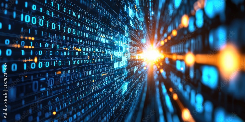 Poster A sea of binary code, in shades of electric blue, shimmered across the cold, metallic surface of a computer monitor, hinting at the vast power hidden within the matrix.