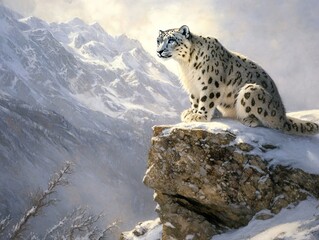 Fototapeta premium Snow Leopard Resting on Snowy Cliff Overlooking Mountain Landscape Painting