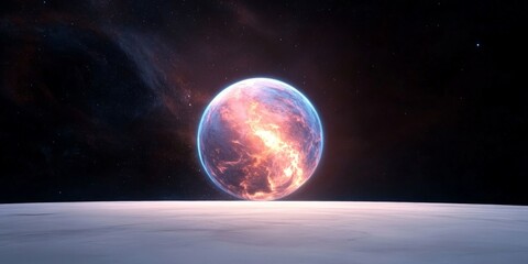 A luminous, fiery planet floats above a barren landscape under a starry sky, creating a dramatic celestial scene.