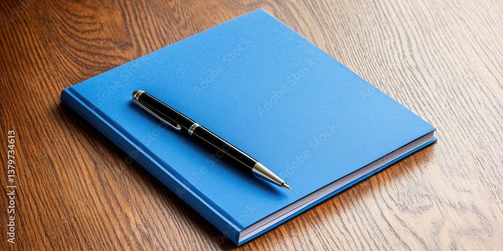 Aufkleber a pristine blue notepad lay open on a sleek wooden table, a pen poised ready to record thoughts and 