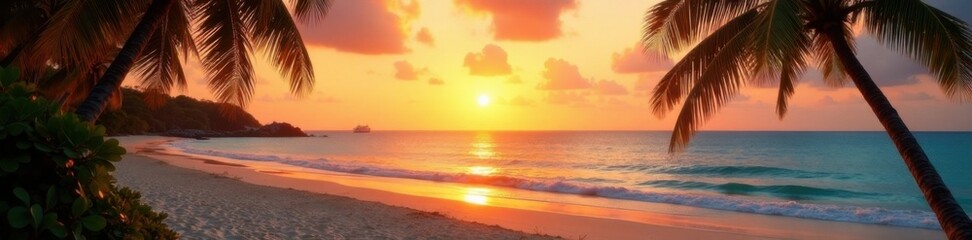 Fototapeta premium Sandy beach at sunset with palm trees and warm light, film, sand, tropical