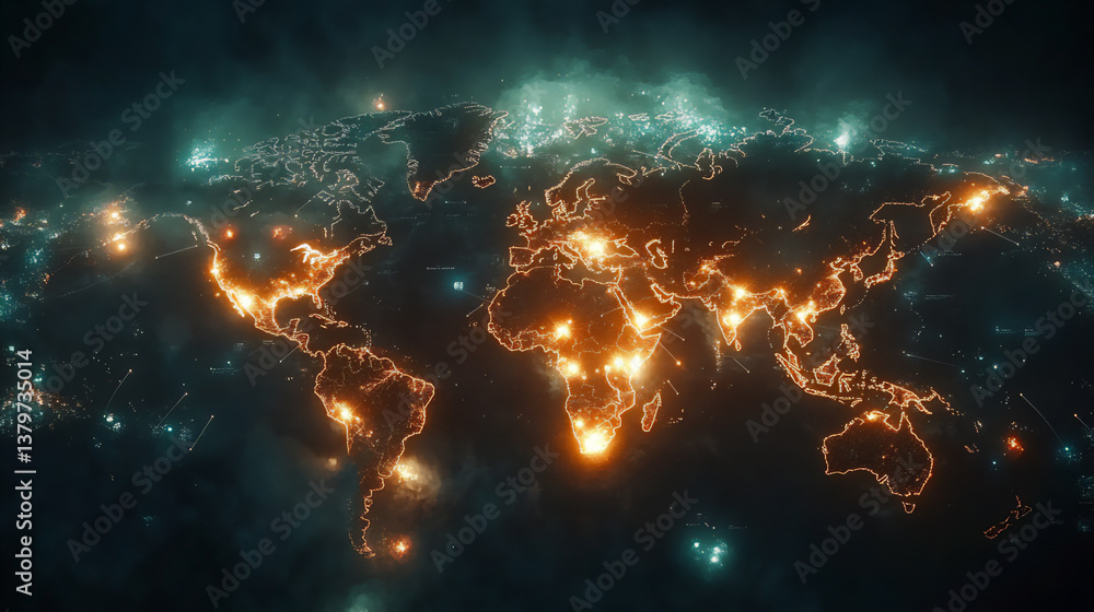 Poster global cyber threat map: a wide, panoramic view of a world map with glowing nodes and lines, symboli