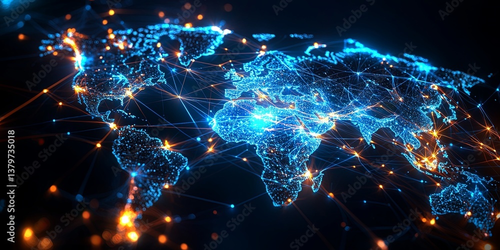 Leinwandbilder A sleek, futuristic digital map, its surface pulsating with data points and glowing lines, revealing a vibrant, interconnected network of the digital world.