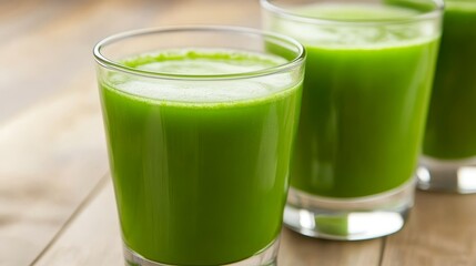 Freshly blended green smoothie in clear glasses on a wooden table with a cozy kitchen background