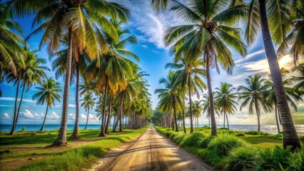Serene Minimalist Beach Road with Coconut Trees - Scenic Dirt Pathway to Tranquil Shoreline