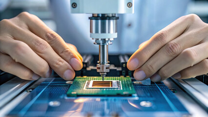 Close up of hands adjusting microchip on circuit board, showcasing precision and technology in electronics manufacturing