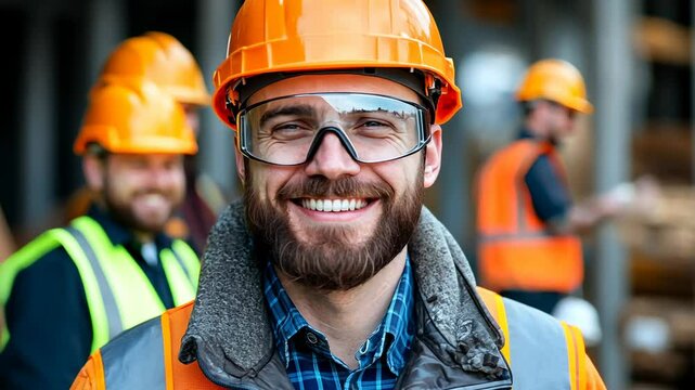 Happy Construction Workers Smiling on a Job Site with Safety Gear