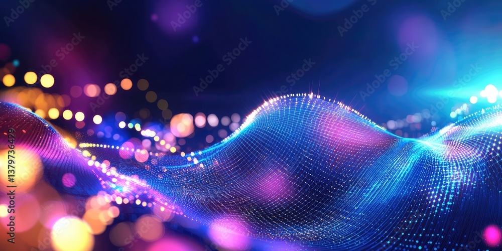 Poster A vibrant digital wave of particles, forming a futuristic point wave against a deep, futuristic background, perfect for use as a technology background in vector illustrat