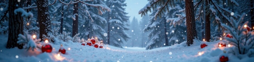 Fototapeta premium Snowy forest scene with Christmas decorations, Frosty Landscape, Snow, Winter Scene