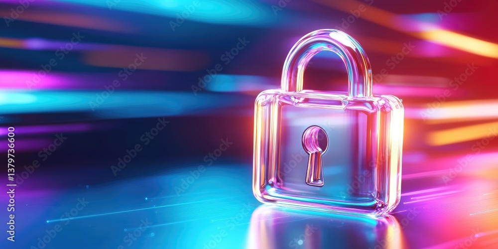 Poster a translucent padlock, a symbol of digital security, gleamed against a pulsating background of vibra