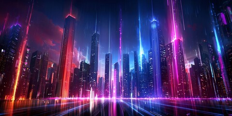 Fototapeta premium A futuristic cityscape, its sleek skyscrapers adorned with glowing streaks that symbolize the city s interconnectedness and the vast flow of data that fuels its growth.