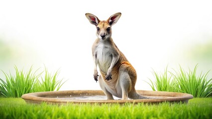Macro Photography: Adorable Kangaroo Joey by Fountain, Green Grass Background - Wildlife Close Up