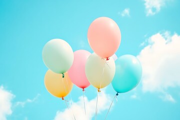 Pastel balloons floating joyfully against a vibrant blue sky, a cheerful celebration of lightheartedness and dreams taking flight under fluffy white clouds.