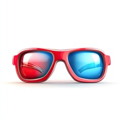 Red-framed 3D glasses with red and blue lenses on a white background