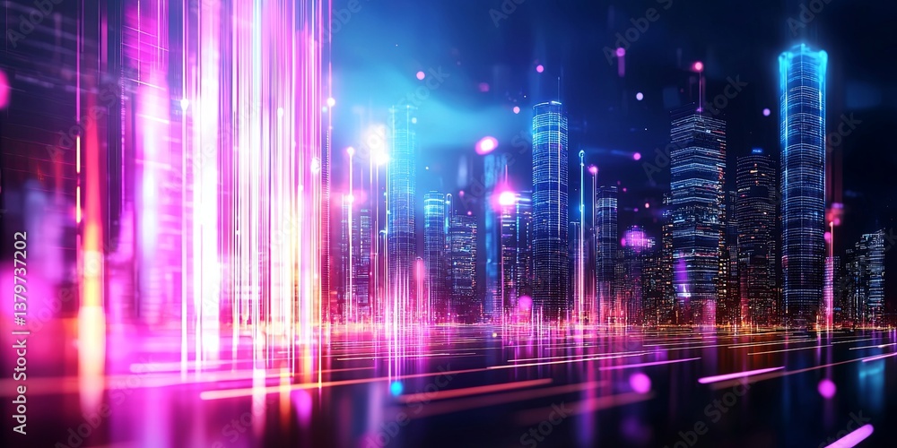 Poster a futuristic cityscape, its sleek skyscrapers adorned with glowing streaks that symbolize the city s