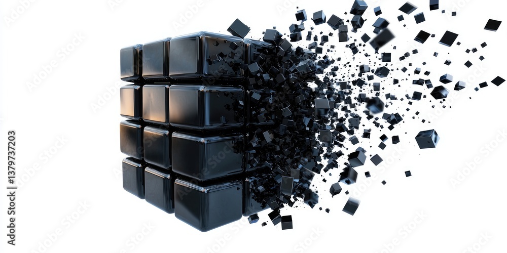 Poster a colossal block, a symbol of digital power, slowly crumbles, its layers disintegrating into a multi