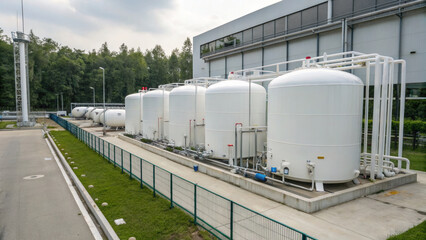 Obraz premium Large industrial storage tanks are lined up outside facility, surrounded by greenery. tanks are used for storing various gases or liquids