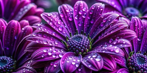 Obraz premium Stunning Macro Photography of Deep Purple Flowers with Dew Drops, Nature, Botanical Details, Close-Up View, Vibrant Colors, Floral Beauty, Natural Textures, Flora and Fauna