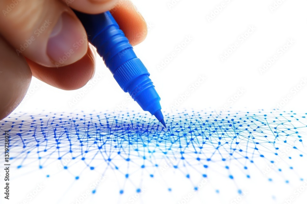 Poster hand drawing a graph using a blue marker isolated on white background