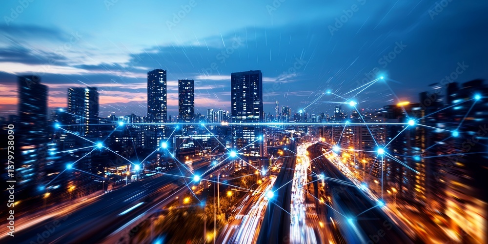Aufkleber a futuristic cityscape, where interconnected nodes seamlessly weave through the urban tapestry, fost
