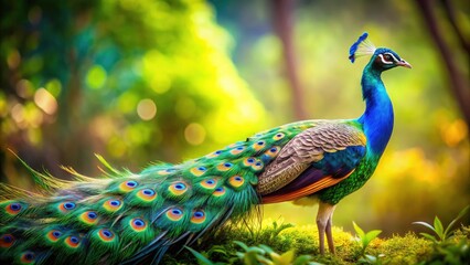 Obraz premium Stunning Tilt-Shift Photography of a Vibrant Peacock in Nature, Capturing its Colorful Feathers and Graceful Posture, Perfect for Wildlife Enthusiasts and Nature Lovers