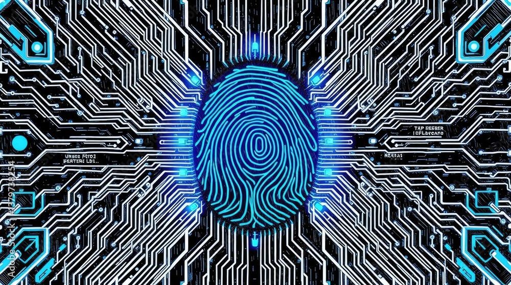 Poster a biometric fingerprint scan integrated into a circuit board design