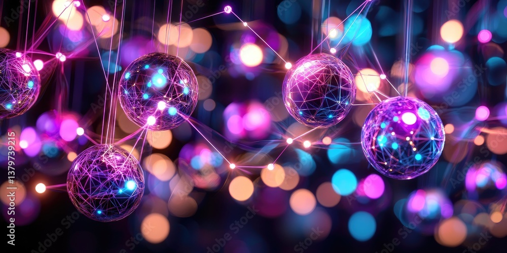 Aufkleber a digital tapestry of interconnected nodes, each a pulsating sphere of vibrant purple and blue, repr