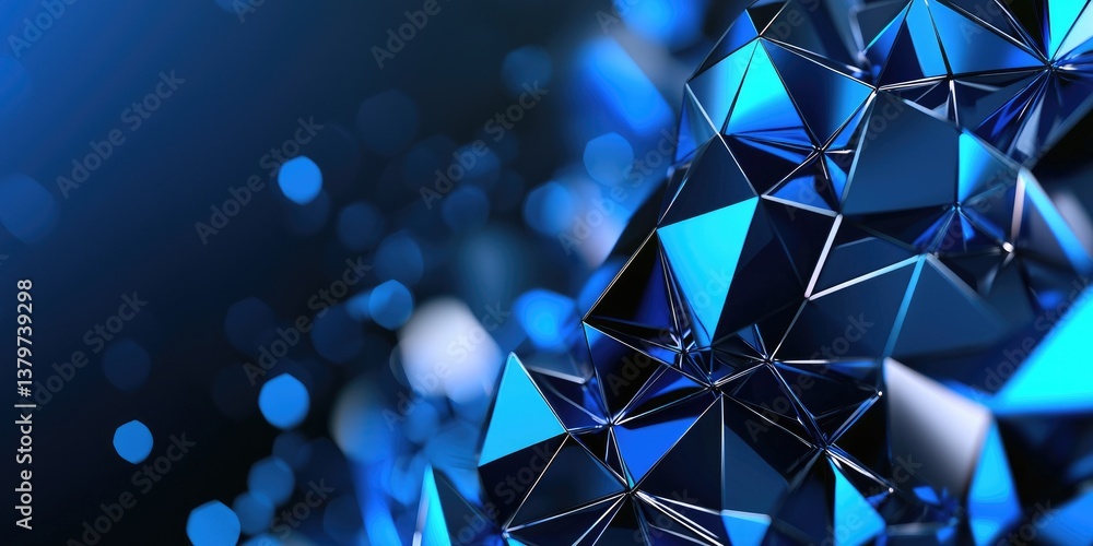 Poster a digital canvas of dark blue, where sleek, polygonal shapes, reminiscent of futuristic architecture