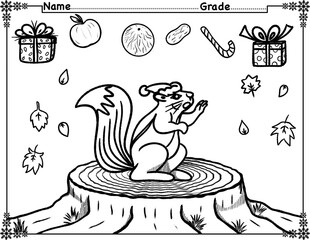 The squirrel sits on the stump, looking at the many things with excitement. Christmas  Coloring page, activity for kids, preschool, kindergarten and homeschool , fit for 8.5”x11” size