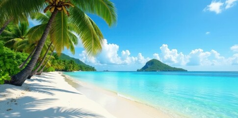 Tropical beach scene with palm trees and crystal-clear waters, island in the distance, island, palm tree