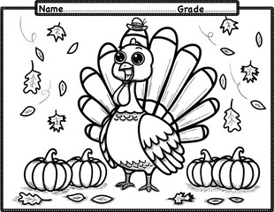 The  turkey smiles with Thanksgiving happiness, among the fallen leaves, on the ground full of pump Coloring page activity for kids, preschool, kindergarten and homeschool , fit for 8.5”x11” size