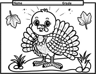 The little turkey smiles with Thanksgiving joy. Coloring page activity for kids, preschool, kindergarten and homeschool , fit for 8.5”x11” size