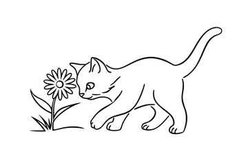 Adorable Kitten Sniffing Daisy Flower in Spring Garden Coloring Page