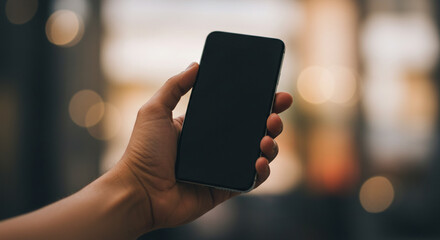 A close-up of a hand holding a modern smartphone with a blank black screen. The hand is angled, showcasing the phone's sleek design and the dark, reflective surface of the screen