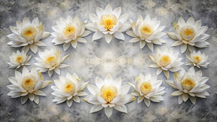 Fototapeta premium Symmetrical White Lotus Flower Arrangement, Gray Stucco Background, Floral Design, Botanical Photography, Elegant Gray and White, Lotus Pattern, Nature Still Life