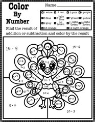 Color By Number from addition and subtraction within twenty  with peacock , activity for kids, preschool, kindergarten and homeschool , fit for 8.5”x11” size