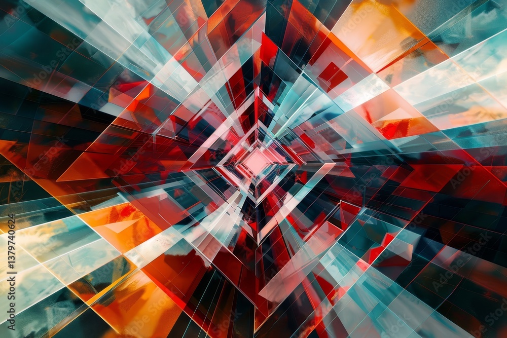 Poster abstract art featuring geometric shapes in shades of red, orange, and blue, creating a mesmerizing p