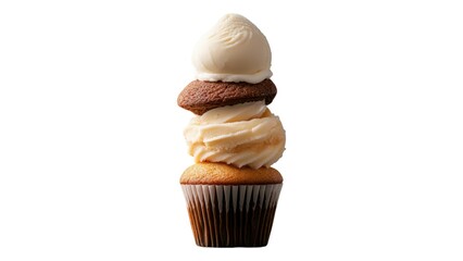 A tall, delicious cupcake tower featuring layers of chocolate and vanilla frosting, showcasing a delightful treat perfect for dessert lovers.