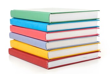 A neatly stacked set of colorful books isolated on a white background. Bright and clean image with ample space for titles or graphic elements.