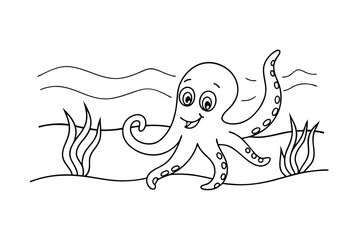 Happy Cartoon Octopus Coloring Page Ocean Sea Life Underwater