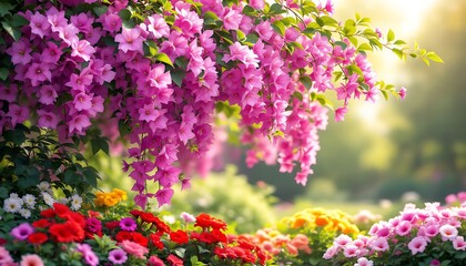 Obraz premium Blooming Garden with Pink Flowers and Sunlight in a Peaceful Setting