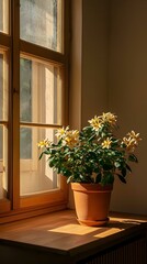 Sunlit yellow flowers in terracotta pot on wooden windowsill.