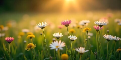 Obraz premium Meadow with lots of white and pink spring daisy flowers and yellow dandelions