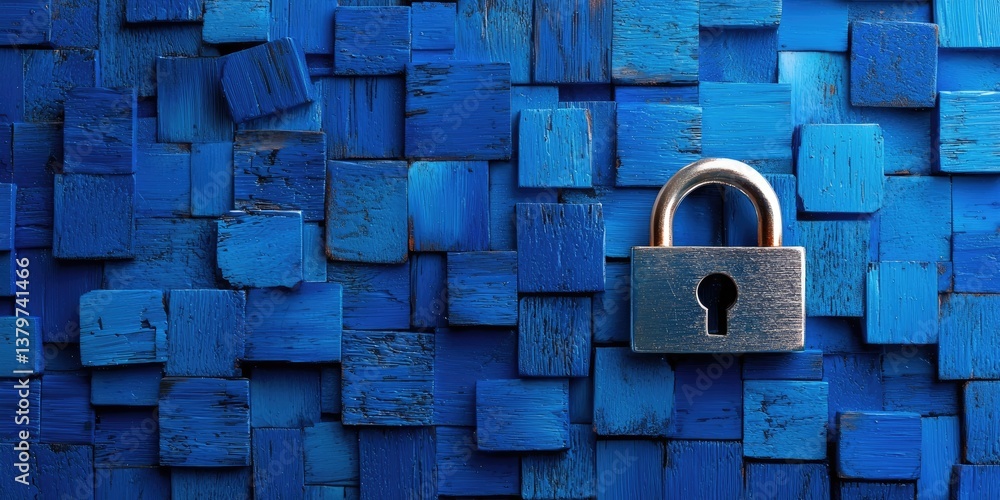 Fototapete a deep blue digital canvas, where a shimmering, silver padlock, symbolizing data encryption and netw