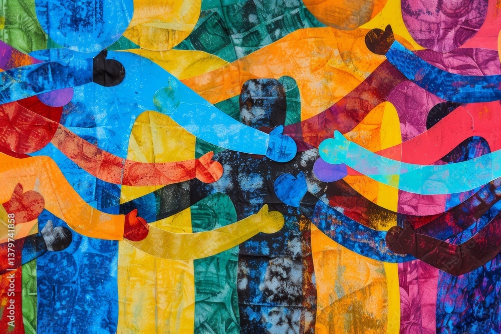 Aufkleber a vibrant abstract artwork depicting figures interlocked in a display of teamwork and collaboration,